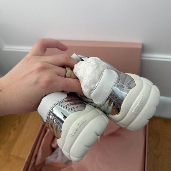 NWT Miu Miu Low Top Sneakers Metallic Silver Chunky Rubber Sole Stitching - Picture 9 of 11